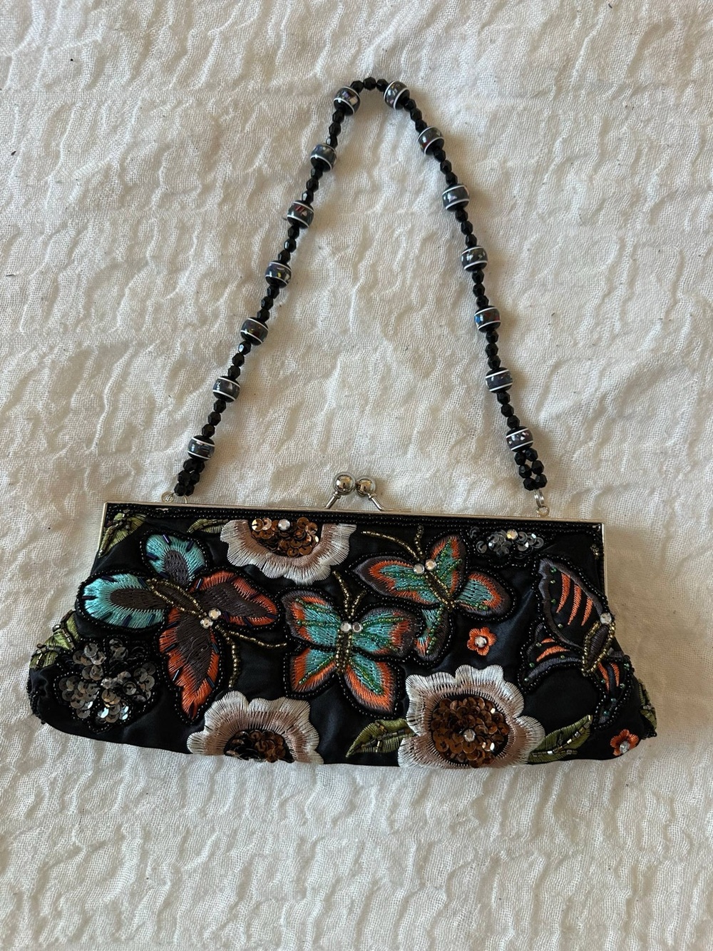 Vintage Fairy Embroidered Floral Clutch in Black & Multicolor